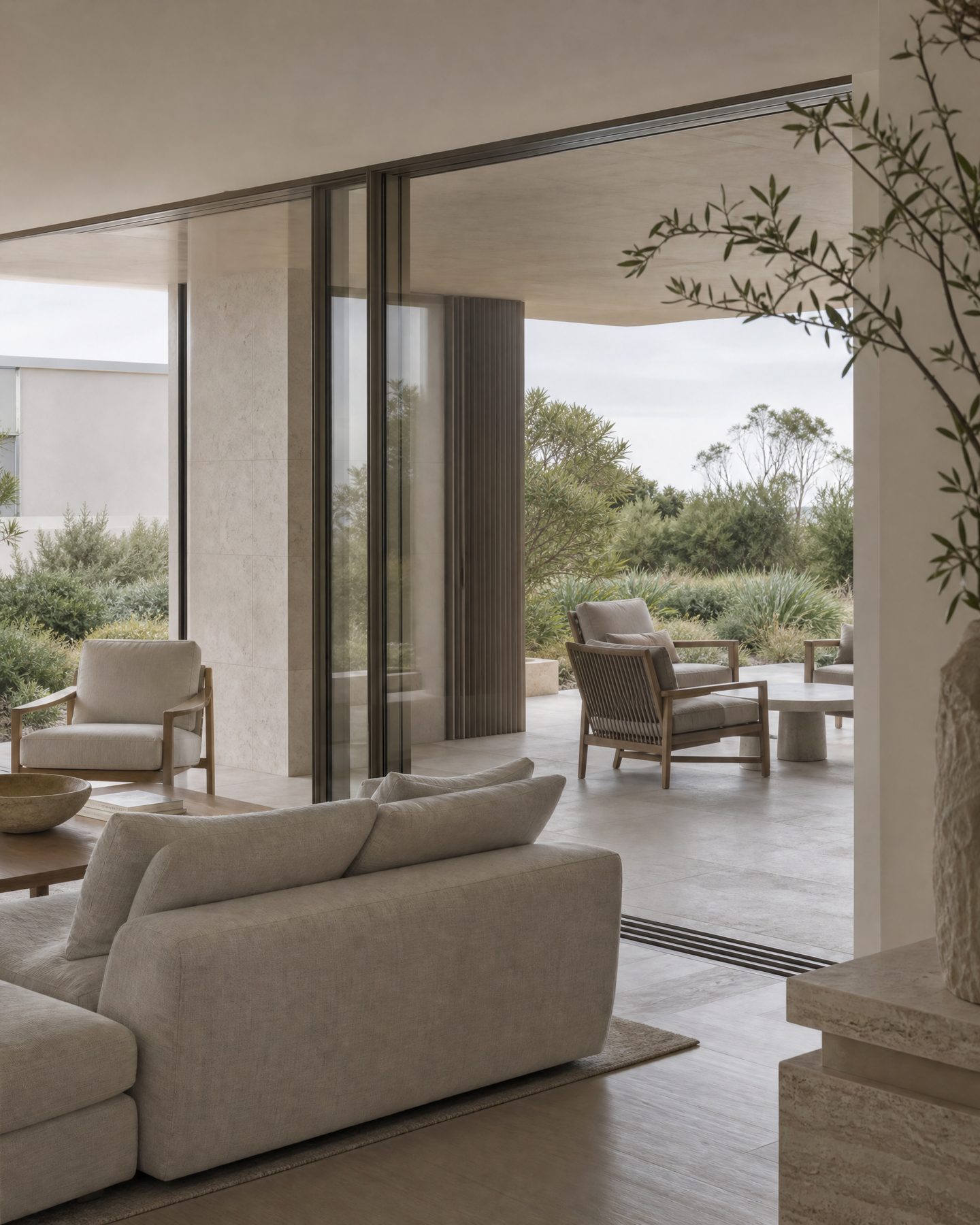 Refined coastal home interior opening to a private native garden