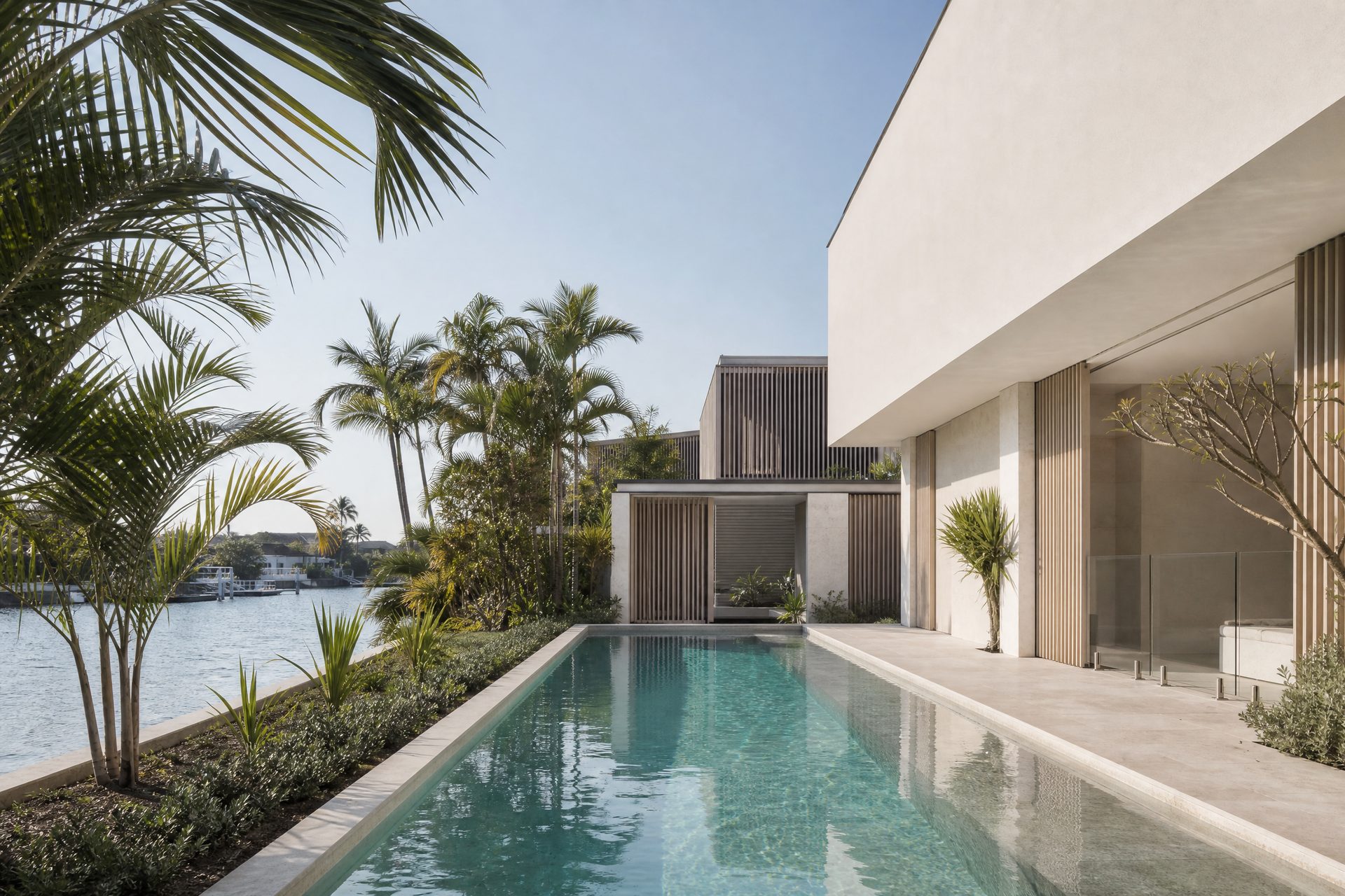 Contemporary waterfront coastal home with a private pool
