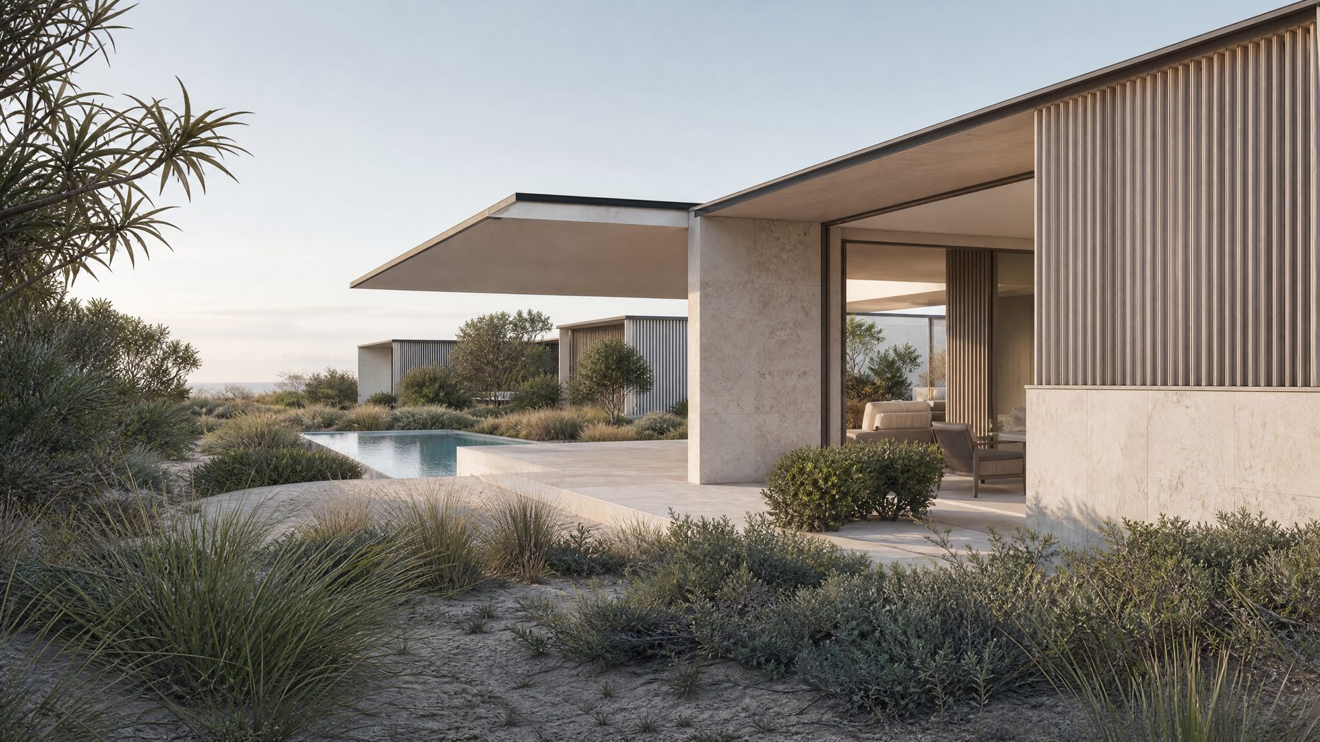 Private contemporary coastal home framed by native dune planting